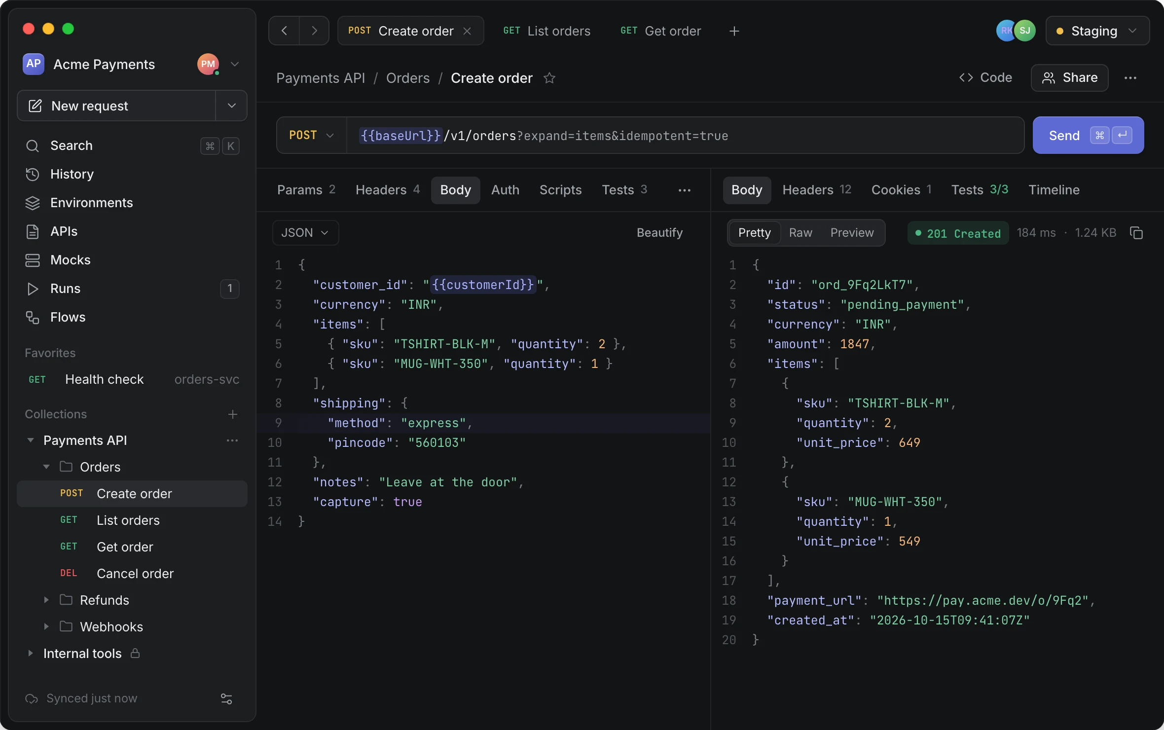 The Porticol workbench: a collection of payment API requests on the left, a POST request body in the middle and a 201 Created response on the right.