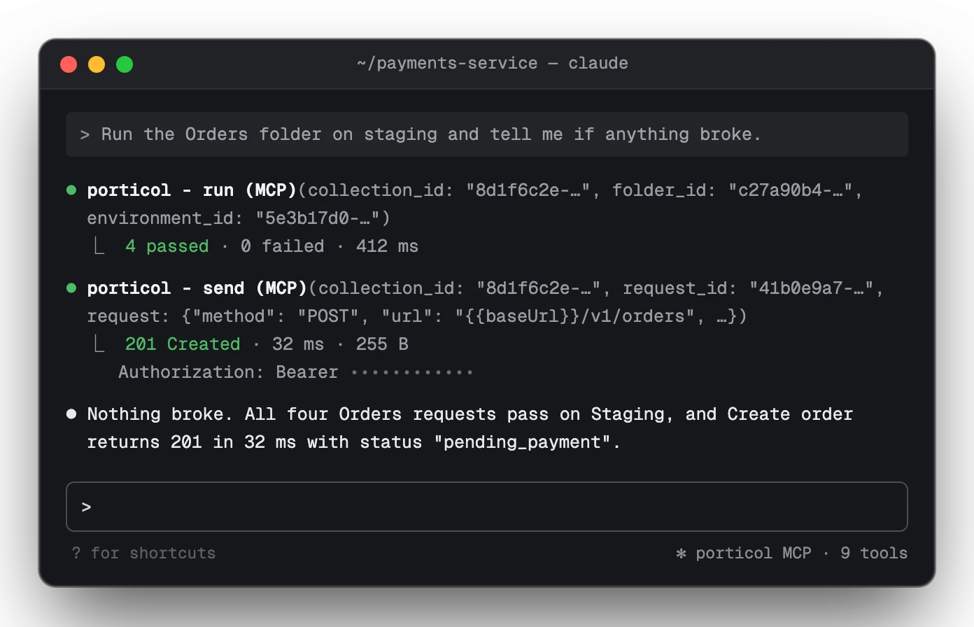 Claude Code running a folder through Porticol's MCP server.